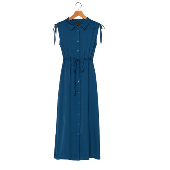 DKNY Tie-Shoulder Collared Button-Down Midi Dress in Dark Jade – NWT Size 12 - Picture 4 of 4